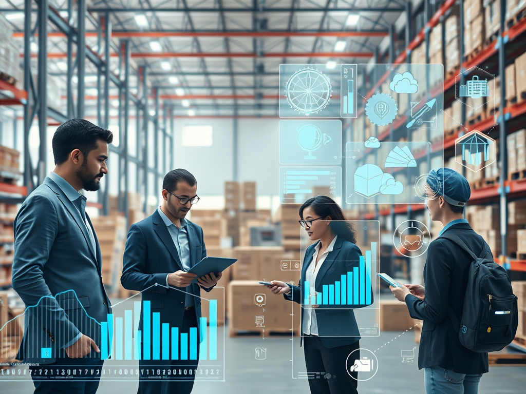 Employees in a warehouse analyzing data and leveraging AI technology to optimize the business